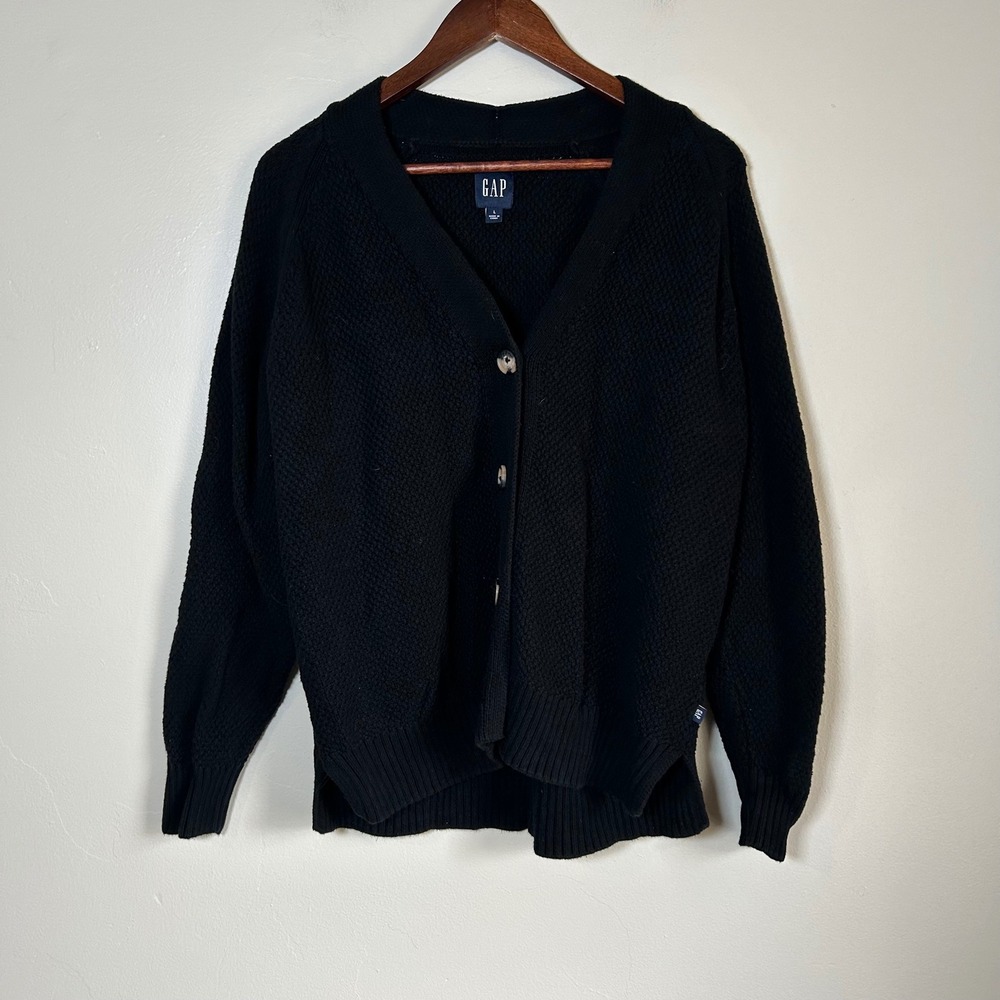 GAP Cardigan Sweater Cotton Large Black Cotton Textured V-Neck Button Front